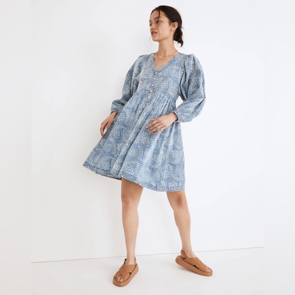 Madewell Bubble-Sleeve Button-Front Mini Dress in Indigo Paisley - Picture 1 of 11
